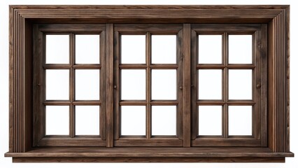 Fototapeta premium Old Brown Wooden Window Frame with Six Vertical Sashes - Isolated on Transparent Background