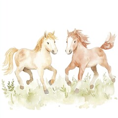 Obraz premium Two Watercolor Ponies Playing in a Meadow Adorable Farm Animals Springtime Scene