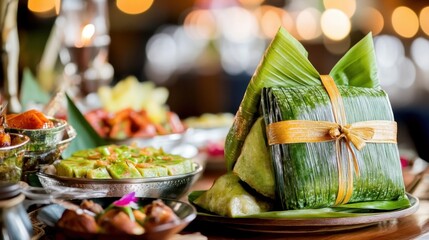 A beautifully arranged table featuring traditional wrapped foods, surrounded by vibrant dishes and soft lighting