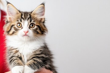 Fluffy tabby kitten with striking yellow eyes held gently