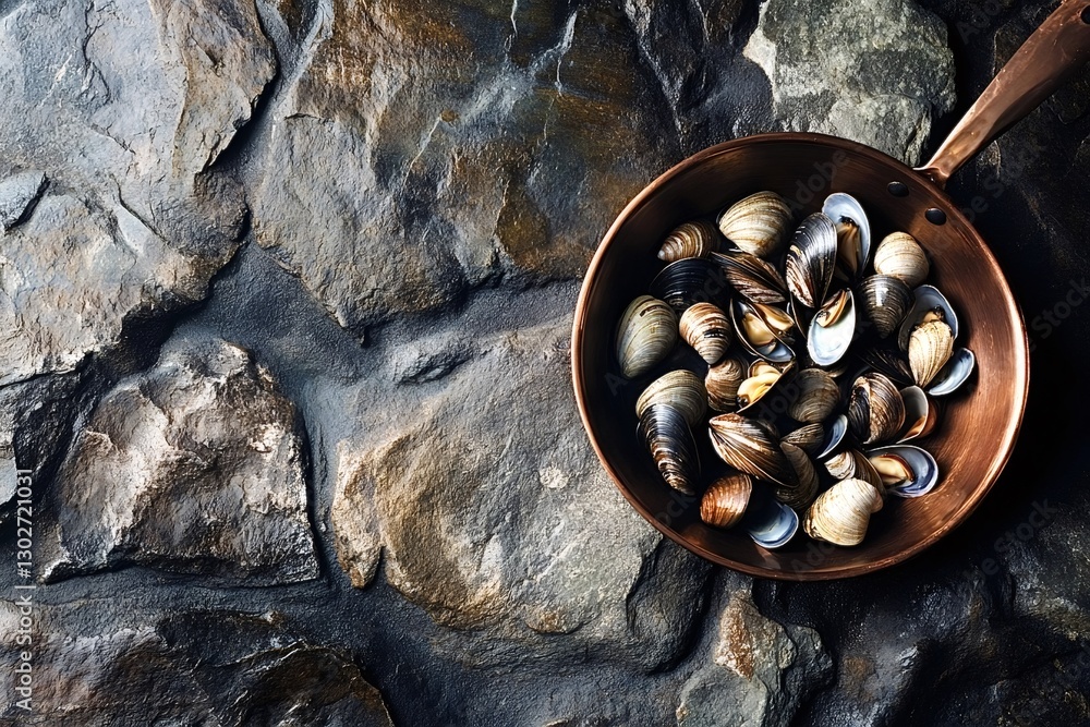 Poster overhead shot captures fresh clams steaming in a copper pan placed on a rustic stone surface, creati