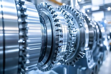 Industrial gears are rotating, showcasing the intricate mechanics of a complex machine, highlighting precision engineering and industrial processes