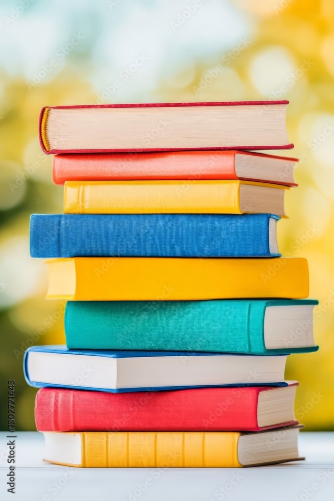 Poster stack of colorful books arranged in ascending order with a blurred green background representing kno
