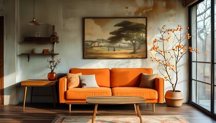 Cozy orange sofa modern living room interior design bright environment relaxed viewpoint aesthetic concept