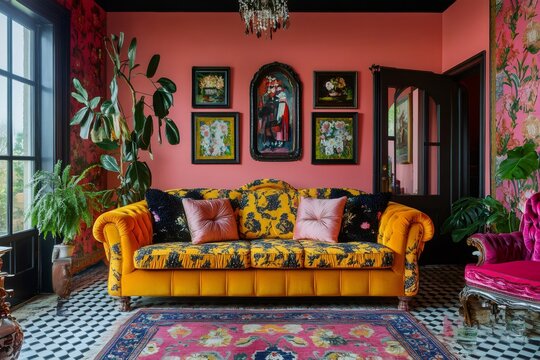 Luxurious pink living room with yellow sofa and floral wallpaper displaying maximalist interior design