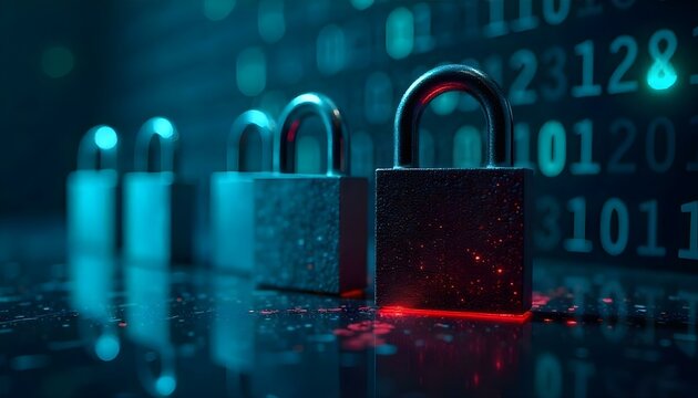 Obra de arte digital conceptual centrada en la ciberseguridad, que presenta una serie de candados con un fondo de código hexadecimal