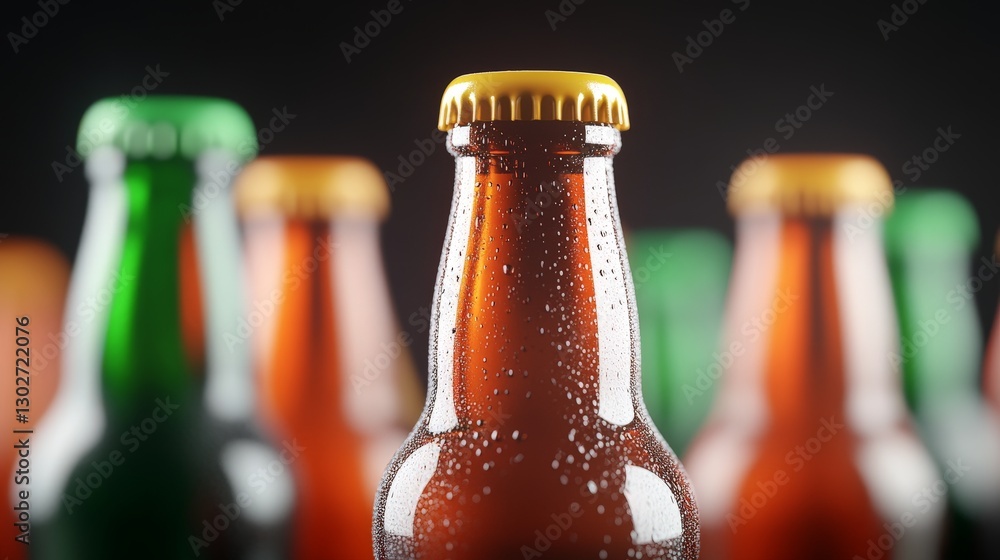Poster assorted glass bottles with metal caps arranged in a row with a blurred background representing beve