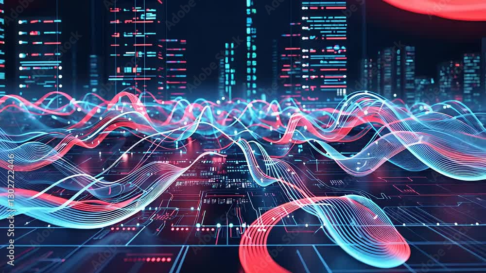 Poster futuristic data flow and glowing waves across a digital cityscape with neon lights and abstract line