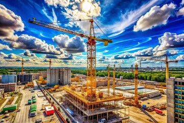 Naklejka premium Panoramic Crane Construction Site, Blue Sky, Clouds - Stock Photo
