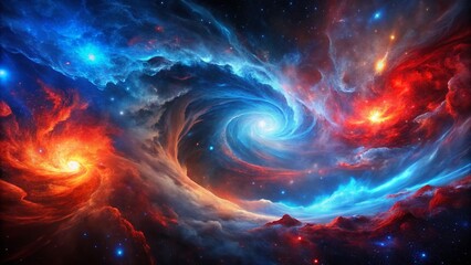Panoramic Cosmic Dance: Abstract Red and Blue Nebula