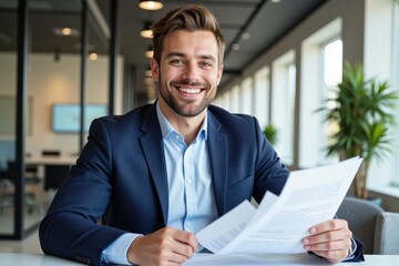 Confident Smiling Caucasian Businessman in Suit Holding Documents While Sitting at Modern Office Desk with Greenery and Bright Windows