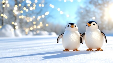 Fototapeta premium Playful penguins snowy landscape digital art winter wonderland close-up joyful companionship