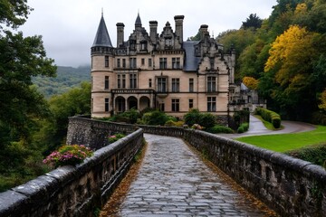 Stone bridge leading to a majestic castle in the french countryside