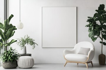 Living Room Interior with White Chair and Blank Billboard on Wall Presentation Concept 3D Rendering
