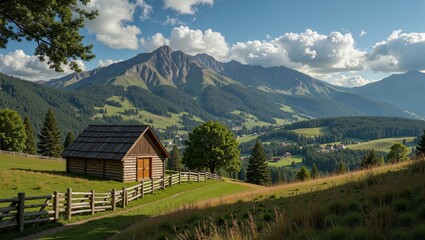 Scenic Kosovar rural landscape featuring charming wooden cabin, surrounded by lush greenery and majestic mountains in background. Concept showcases Kosovar rural landscape beauty