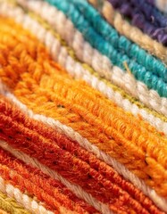 Ultra-macro shot of a beach towel’s woven fibers, emphasizing the colorful texture under bright sunlight with vivid threads and soft fabric detail.
