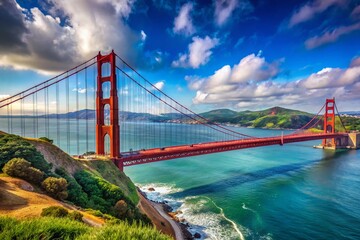 Panoramic Golden Gate Bridge, San Francisco Waterfront, California - Stunning Blue Sky & Ocean View