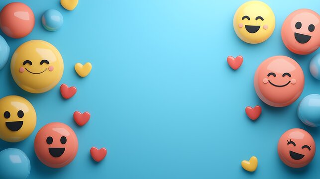 Smiling emoji characters with red hearts and spheres scattered on a bright blue background