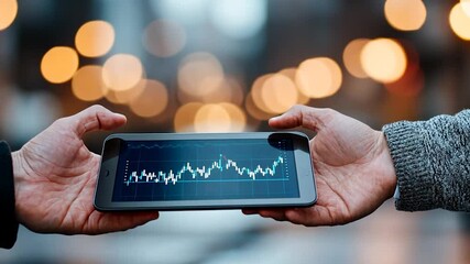 Two hands exchanging a tablet displaying a financial graph in a blurred urban setting - Powered by Adobe