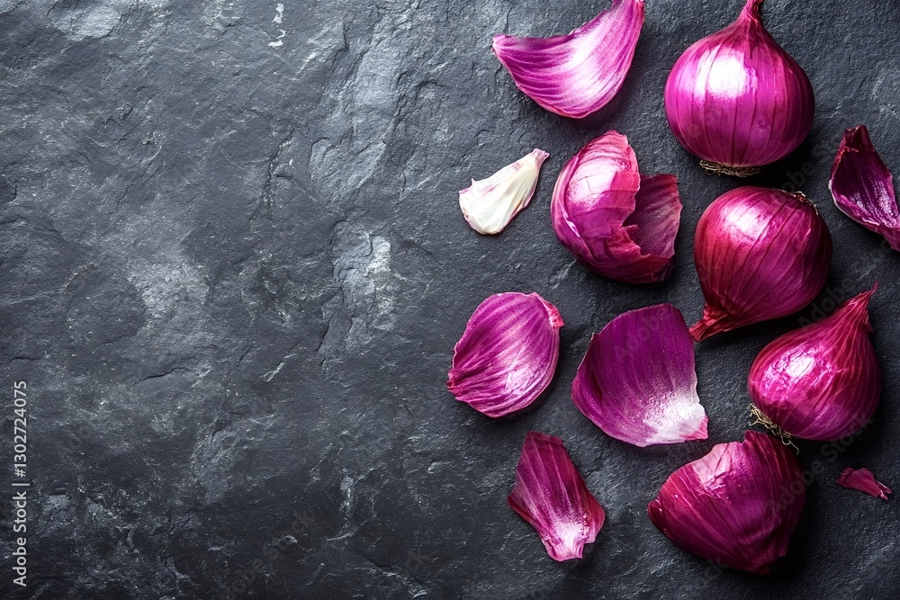Poster several vibrantly colored red onions, whole and with some outer skins peeled back, lie on a dark tex