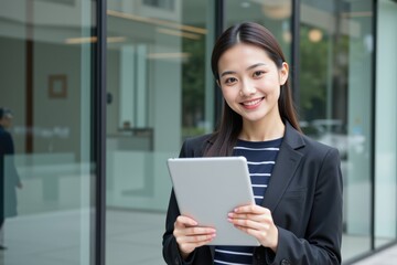 A Smiling Young Asian Woman in Business Attire Holds a Tablet Outside a Modern Glass Building, Radiating Professionalism and Confidence