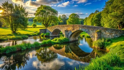 Fototapeta premium Panoramic Medieval Stone Bridge Idyllic River Green Landscape Stock Photo