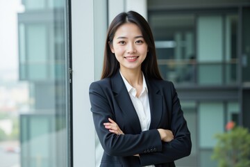 Confident Asian Businesswoman in Professional Attire Standing by Modern Office Window, Radiating Success and Ambition in a Bright Workplace Environment