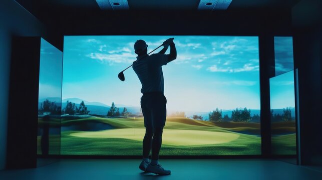 Golfer practicing swing indoor golf simulator