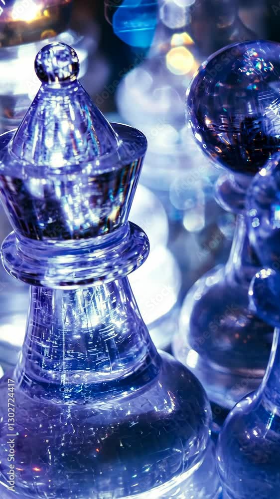 Poster intricate glass chess pieces illuminated by soft light create a mesmerizing effect in a tranquil set