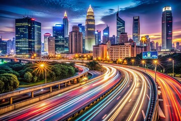 Fototapeta premium Panoramic Night City Traffic, Urban Highway Lights, Busy Street, Cityscape at Night, Nighttime Cityscapes