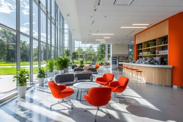 Modern office cafeteria with orange furniture and large windows showing green scenery