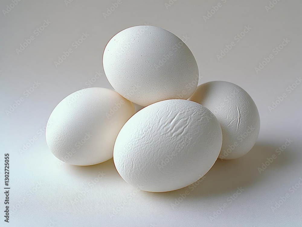 Poster a close-up view of four pristine white eggs stacked on a soft surface, showcasing their smooth textu