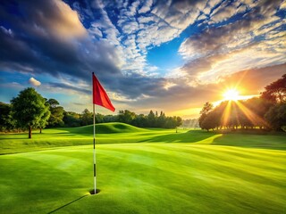 Obraz premium Panoramic Pristine Golf Course Green with Vibrant Red Flag - Stunning Landscape