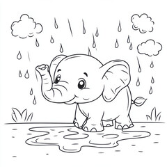 a simple line art coloring page of a A baby elephant splashing in a puddle, with simple raindrops and clouds in the background. 