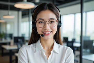 Smiling Young Asian Female Customer Service Agent with Headset in Modern Office Setting, Providing Support and Assistance to Clients