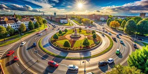 Panoramic Roundabout View: High-Resolution Stock Photo of City Traffic Circle