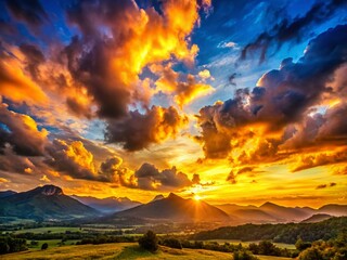 Panoramic Sunset Landscape: Vibrant Colors & Golden Hour Sky