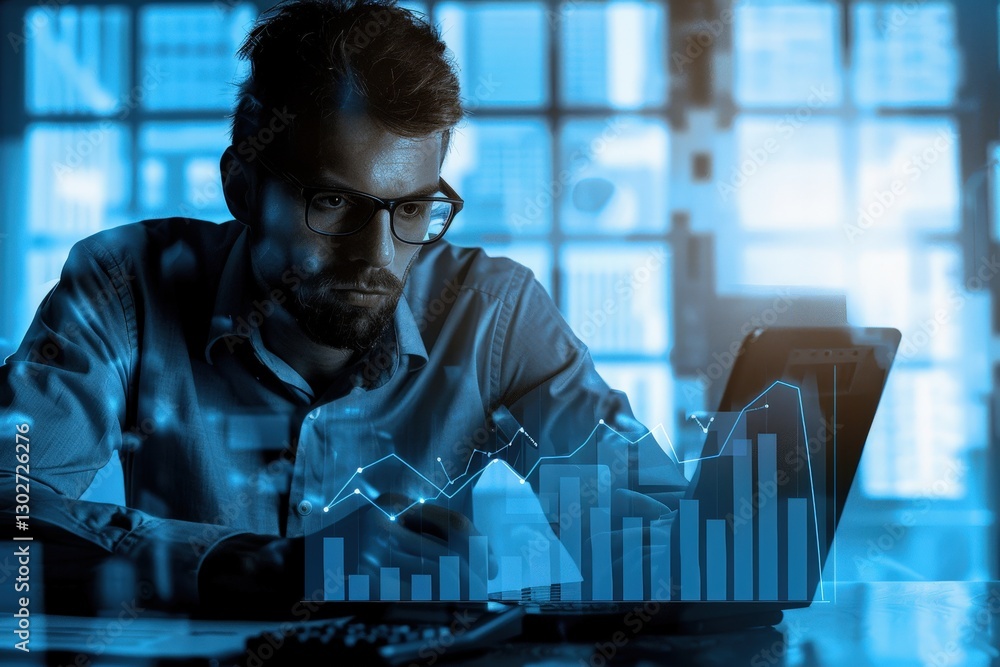 Poster a focused professional analyzes data trends using a laptop, illuminated by blue tones and digital gr