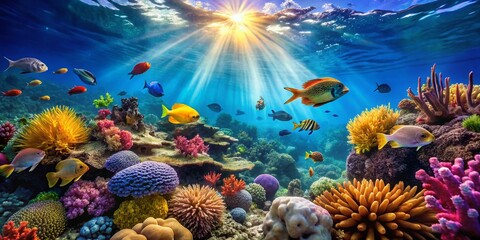 Panoramic Underwater Tropical Sea Dive: Vibrant Coral Reef & Colorful Fish