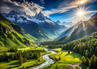 Obraz premium Panoramic Valley Landscape: Majestic Mountains & Bright Sky Stock Photo