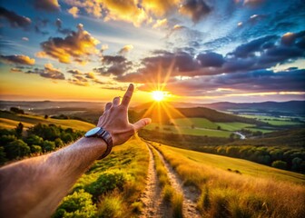 Panoramic View of a Hand Pointing Towards a Distant Horizon - Inspiring Guidance Concept