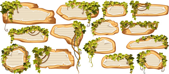 Wooden brown boards with school page in line, ragged graph paper. Set 3d vector blank invitations, maps decorated stems hedera helix, ivy, liana, grapes, vine,  jungle plants.