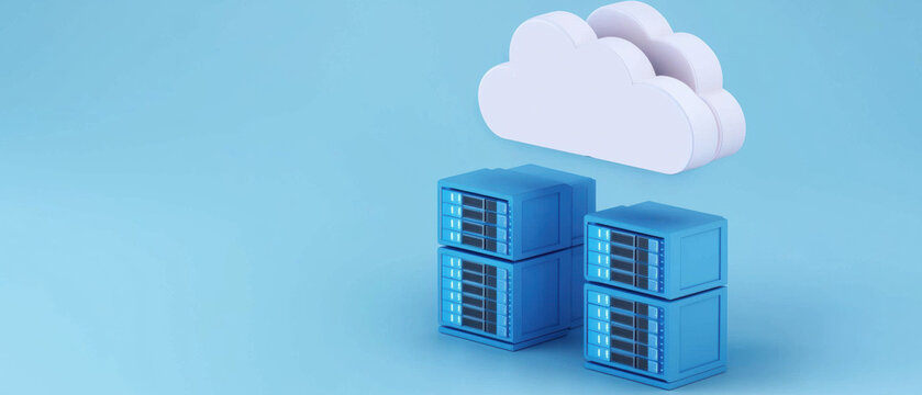 Cloud based file storage concept. Cloud storage concept with servers on a blue background.