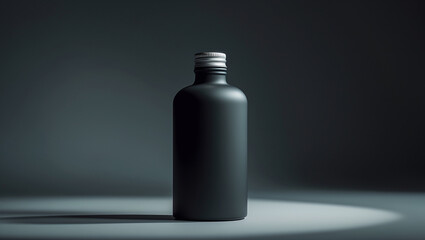 Minimalist black matte bottle in moody lighting. Perfect for luxury product branding, skincare, or high-end beverage packaging