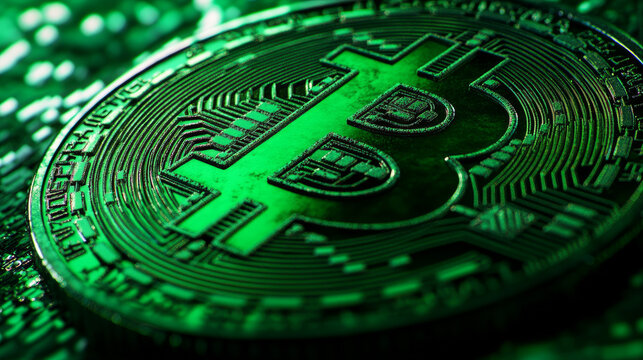 Super Macro of a green profit-colored Bitcoin token logo. BCT cryptocurrency coin close-up and zoom detail