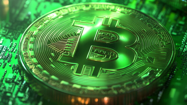Super Macro of a green profit-colored Bitcoin token logo. BCT cryptocurrency coin close-up and zoom detail