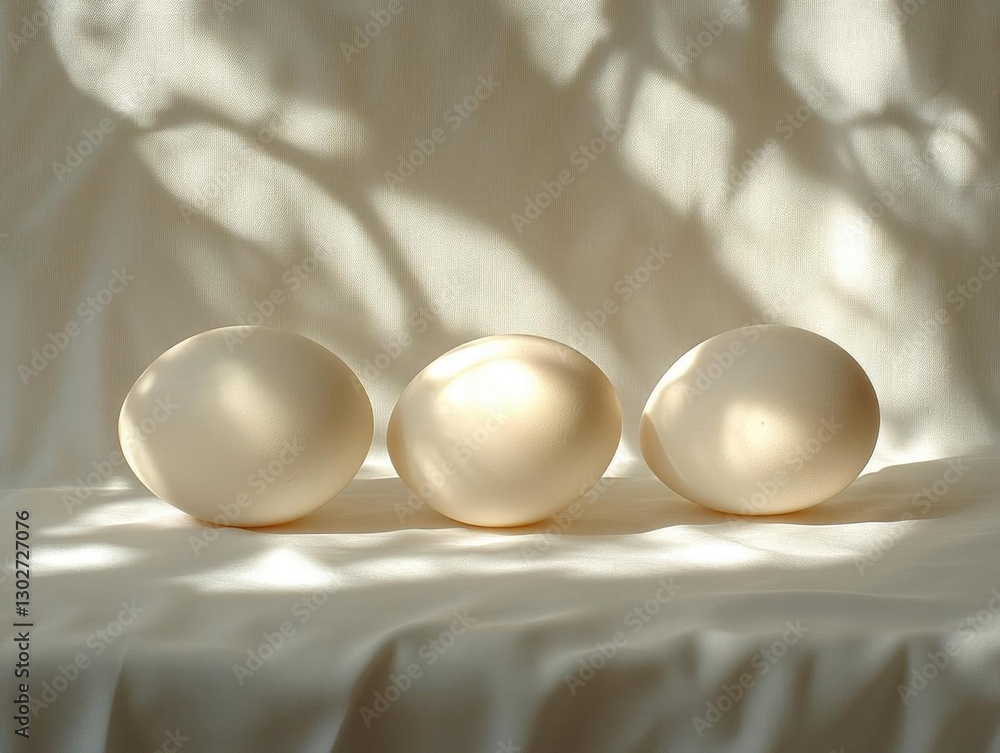 Poster three smooth, pale eggs resting on a soft fabric surface with soft shadows and light play