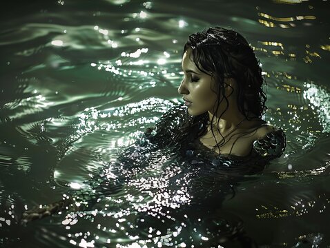 woman emerging from the water, her body adorned with shimmering fish scales. The scales reflect the moonlight, creating a mystical ambiance. Her wet hair and the ripples in the water add to the enchan
