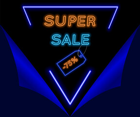 Super promotion with 75% discounts. neon style. in blue and orange. special offer.Vector illustration