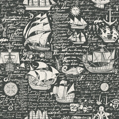Naklejka premium Vector abstract seamless background on the theme of travel, adventure and discovery. Old caravels, vintage sailing yachts, wind roses, anchors and fish and birds in vintage style. With illegible text